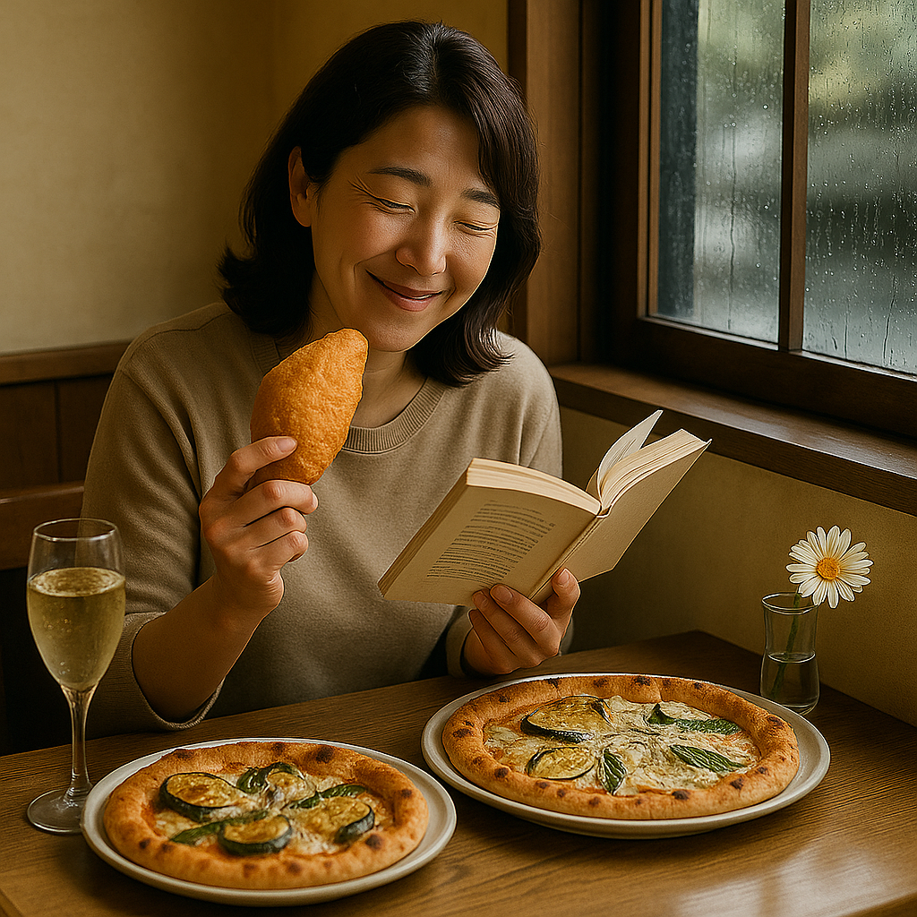 雨の日に、ピザと揚げピザをたしなみながら読書を楽しむ女性